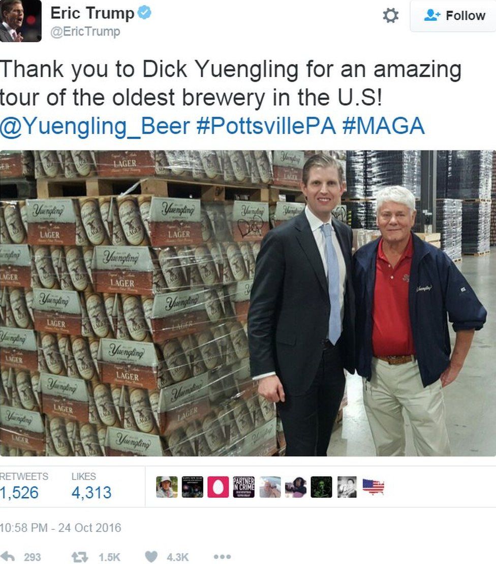 Tweet by Eric Trump saying: "Thanks to Dick Yuengling for an amazing tour of the oldest brewery in the US!" - 24 October 2016