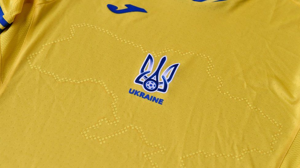 Ukraine's shirt, emblazoned with its borders including Russian-annexed Crimea