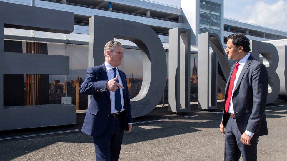 Scottish Labour leader Anas Sarwar and UK Labour leader Sir Keir Starmer visit Edinburgh Airport on the election campaign trail