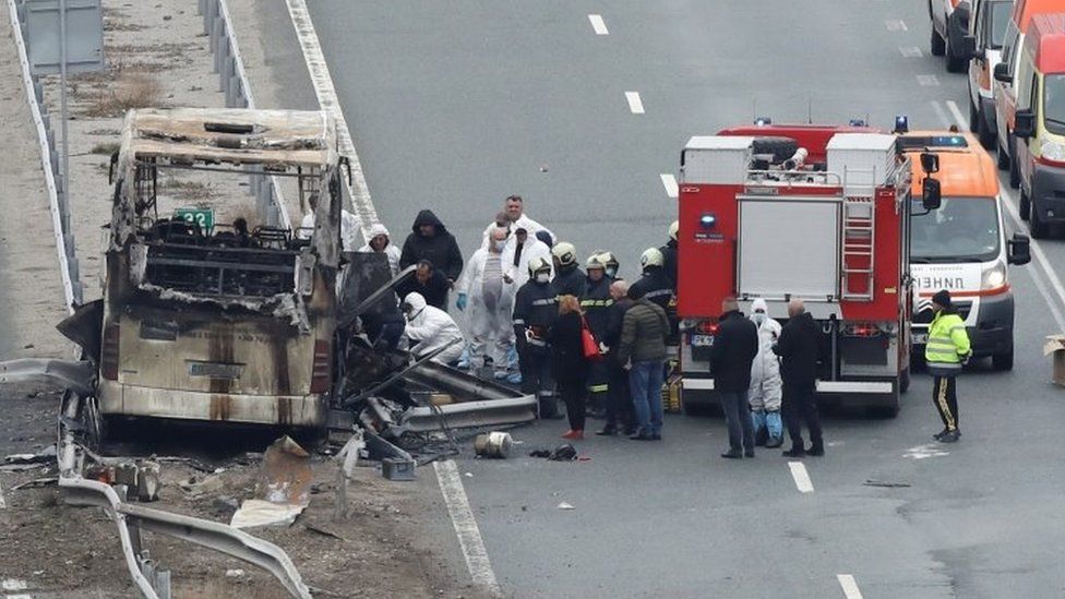 A view shows the site where a bus with North Macedonian plates caught fire on a highway