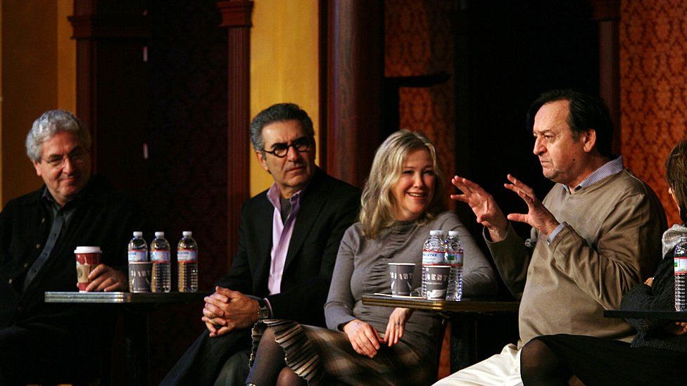 Harold Ramis, Eugene Levy, Catherine O'Hara and Joe Flaherty attend an SCTV panel discussion in celebration of the 50th anniversary of Second City