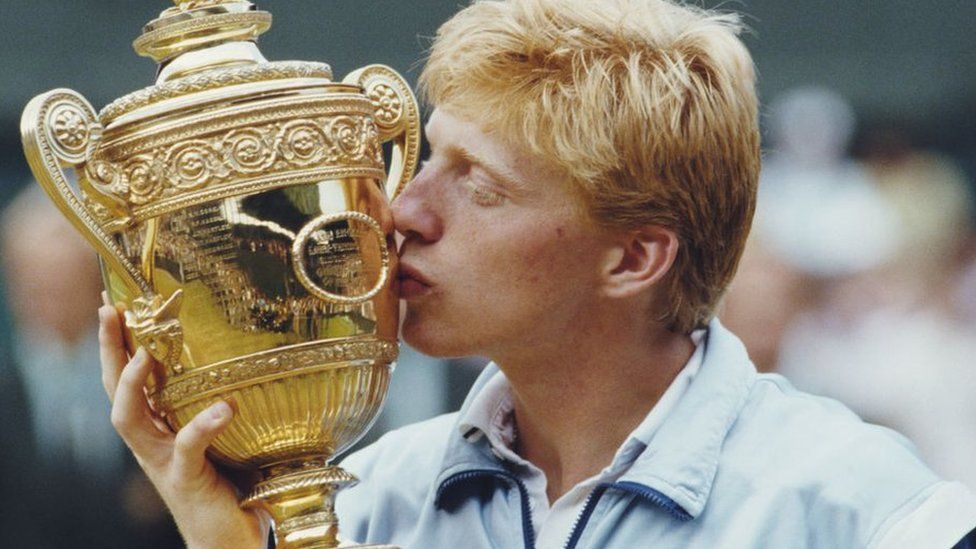 Boris Becker with the Wimbledon trophy in 1985