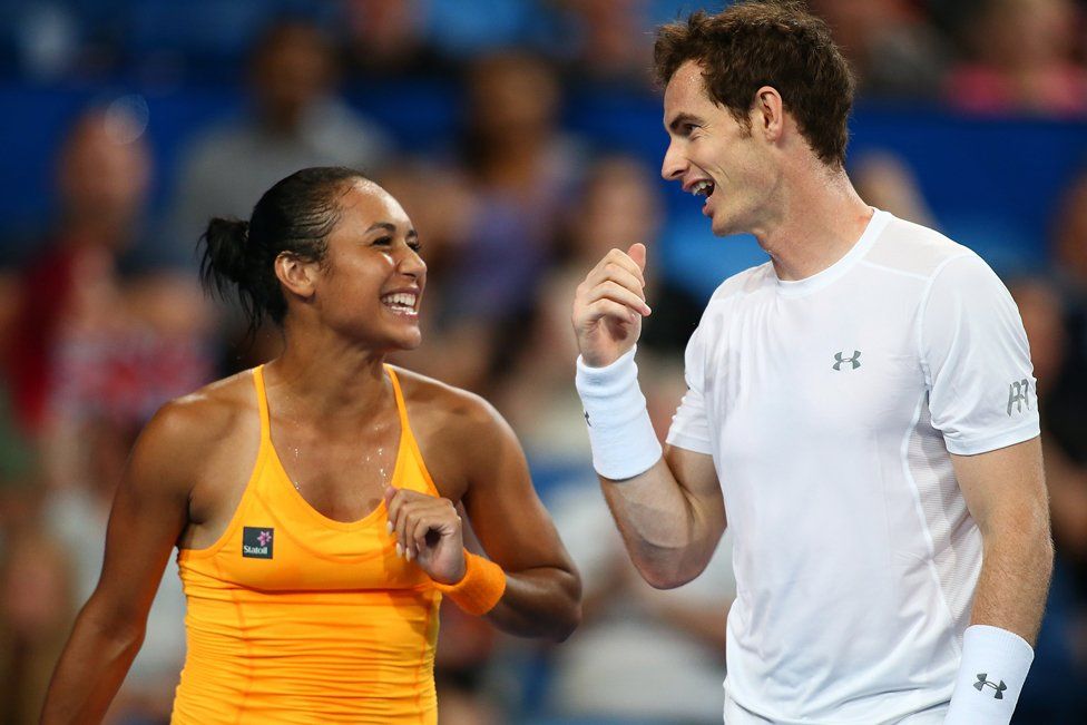 Heather Watson and Andy Murray of Great Britain talk in the mixed doubles match against Caroline Garcia and Kenny De Schepper of France during day two of the 2016 Hopman Cup on January 4, 2016 in Perth, Australia