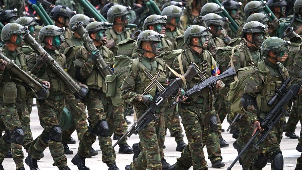 The Venezuelan army march during a military parade to celebrate independence day in Caracas in July 2023