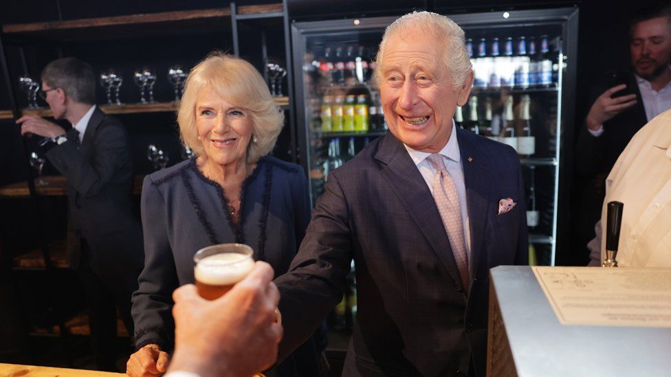 King Charles III and Camilla, Queen Consort toast to their final reception at Schuppen 52 on March 31, 2023 in Hamburg, Germany.