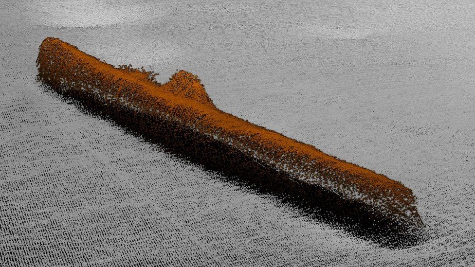 Sonar image shows the intact and cigar-shaped U87 German submarine lying on the seabed