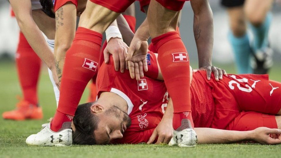 Switzerland's Fabian Schaer injured during the UEFA Euro 2020 qualifier against Georgia in Tbilisi, 23 March 2019