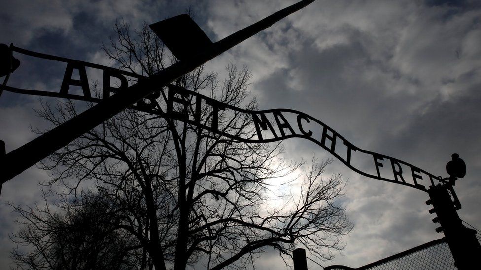 The slogan Arbeit macht frei at Auschwitz