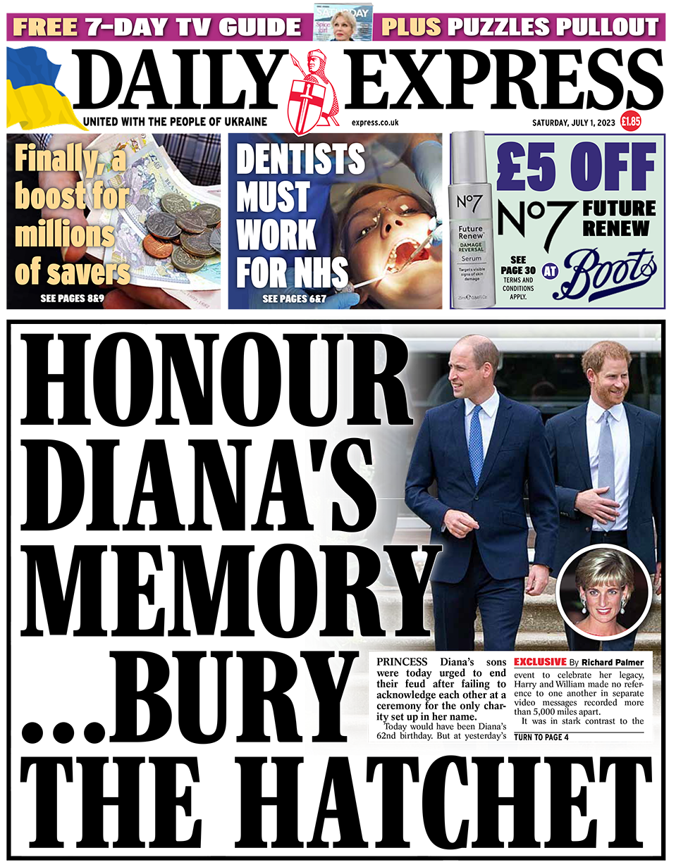 The headline in the Daily Express reads: "Honour Diana's memory...bury the hatchet"