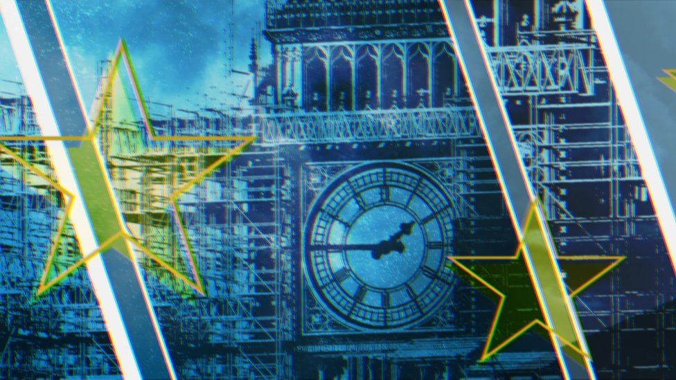 Graphically drawn Big Ben in blue overlaid with yellow EU stars
