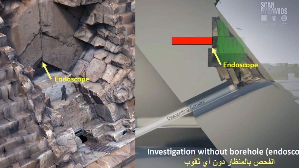 Egyptian Ministry of Tourism and Antiquities handout photo showing the location of a hidden corridor found above the main entrance of the Great Pyramid of Giza (2 March 2023)