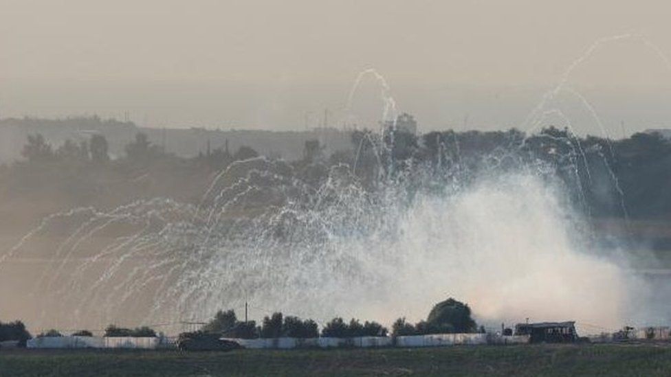 An explosion is pictured in the Gaza Strip, as seen from Israel, October 30, 2023