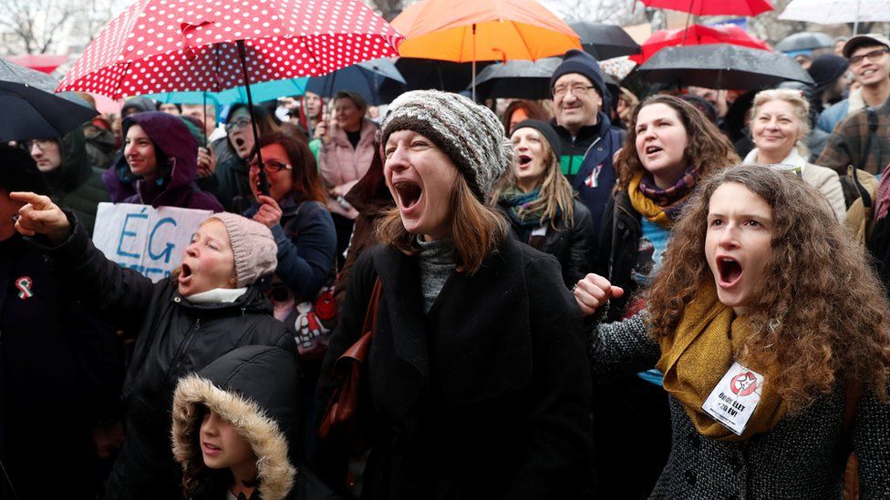 People chant as they attend a Hungarian protest against the government in Budapest, Hungary 15 March 2018