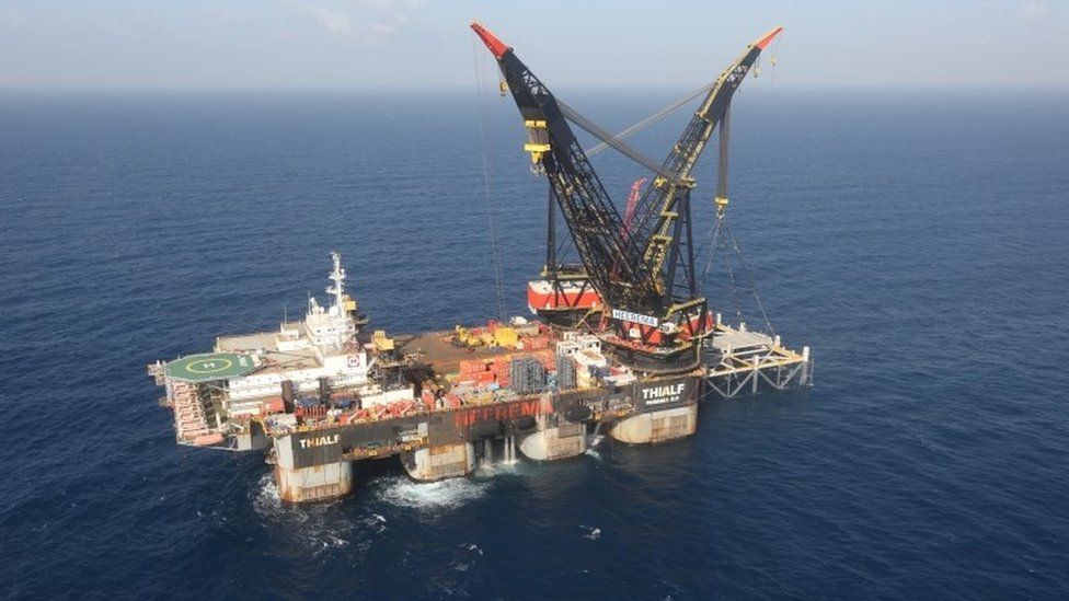 An aerial view shows the newly arrived foundation platform of Leviathan natural gas field, in the Mediterranean Sea, off the coast of Haifa, Israel (31 January 2019)