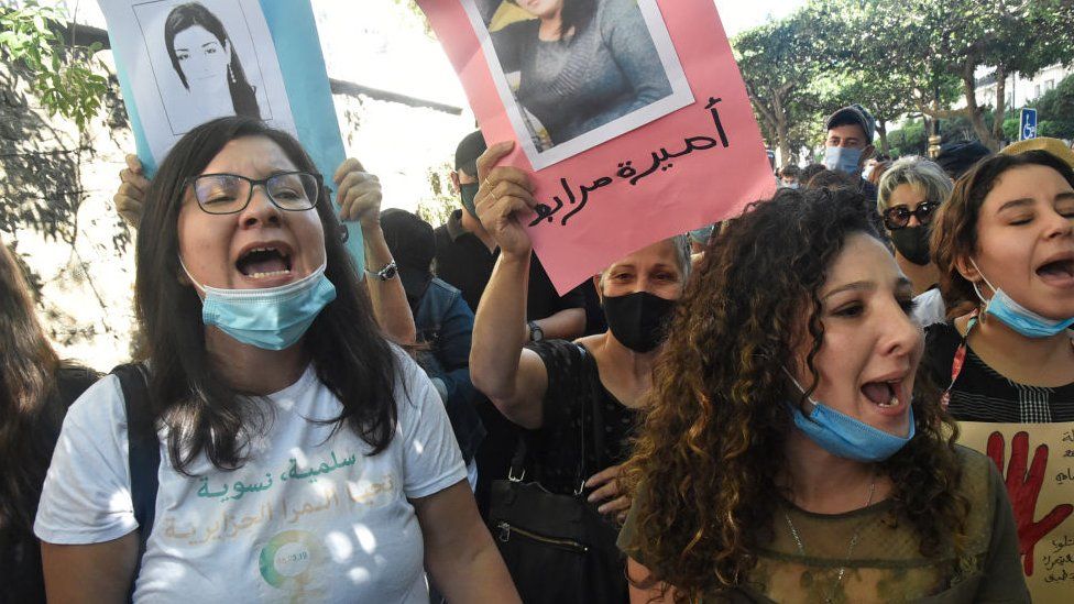 Women protest in Algiers over the rape and murder of a teenage girl, on 8 October 2020