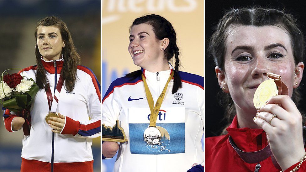 Three pictures of Hollie Arnold with gold medals