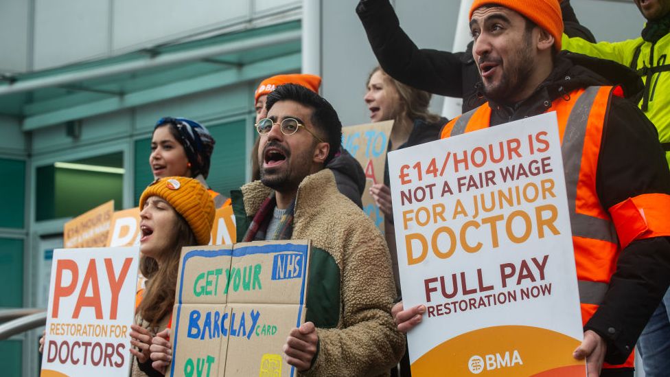 Junior Doctors attend their picket line at UCH on April 14, 2023 in London, England