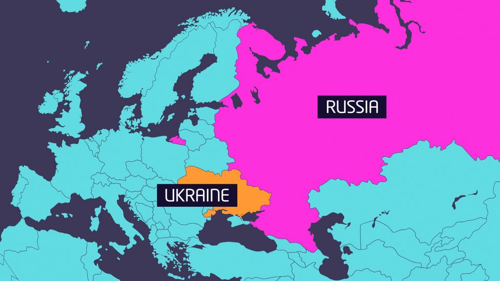 A map of Europe showing Ukraine and Russia