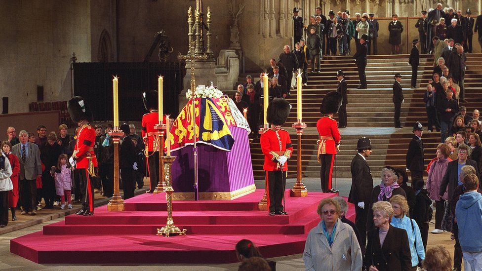 The Queen Mother lying in state in Westminster Hall