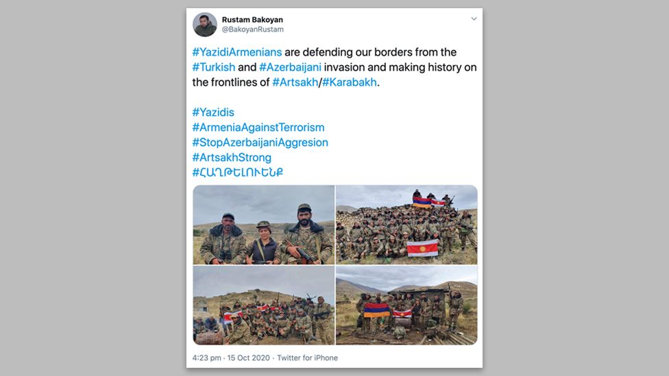 A tweet by an Armenian member of parliament highlighting the involvement of Armenian-Yazidis in the conflict
