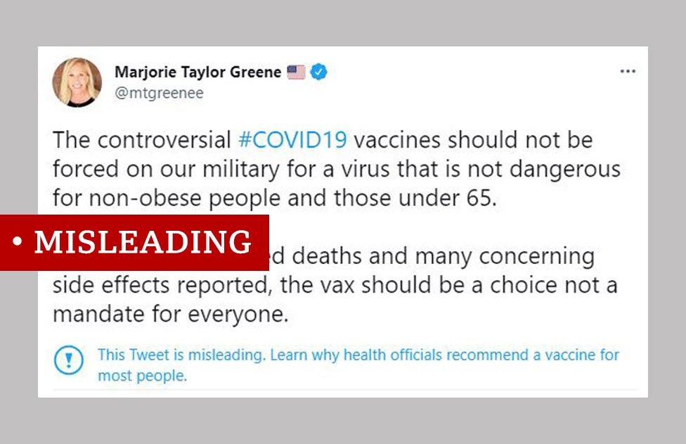 Screenshot of tweet from Marjorie Taylor Greene that says "The controversial #COVID19 vaccines should not be forced on our military for a virus that is not dangerous for non-obese people and those under 65."