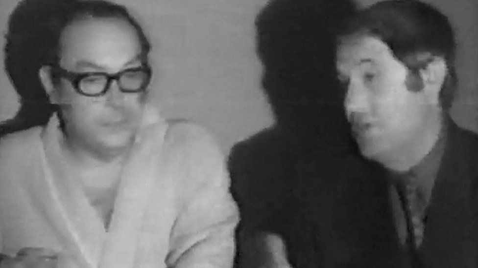 Footage of Eric Morecambe and Ernie Wise from a student TV interview in Norwich