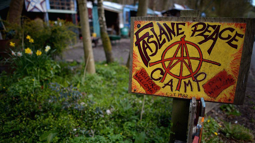 A general view of Faslane Peace Camp sign on April 29, 2012 in Faslane, Scotland. Activists are set to make a decision by June 12th whether or not to leave the peace camp due to falling numbers
