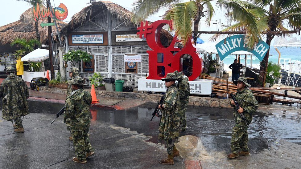 Members of the Mexican Navy patrol the Medano beach before the arrival of storm Hilary at Los Cabos resort in Baja California state, Mexico. Photo: 18 August 2023