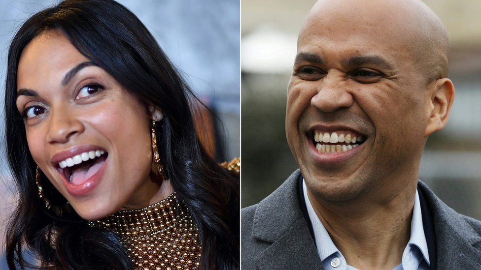 Cory Booker, a New Jersey senator and a Democratic presidential candidate, and actress Rosario Dawson - two portraits