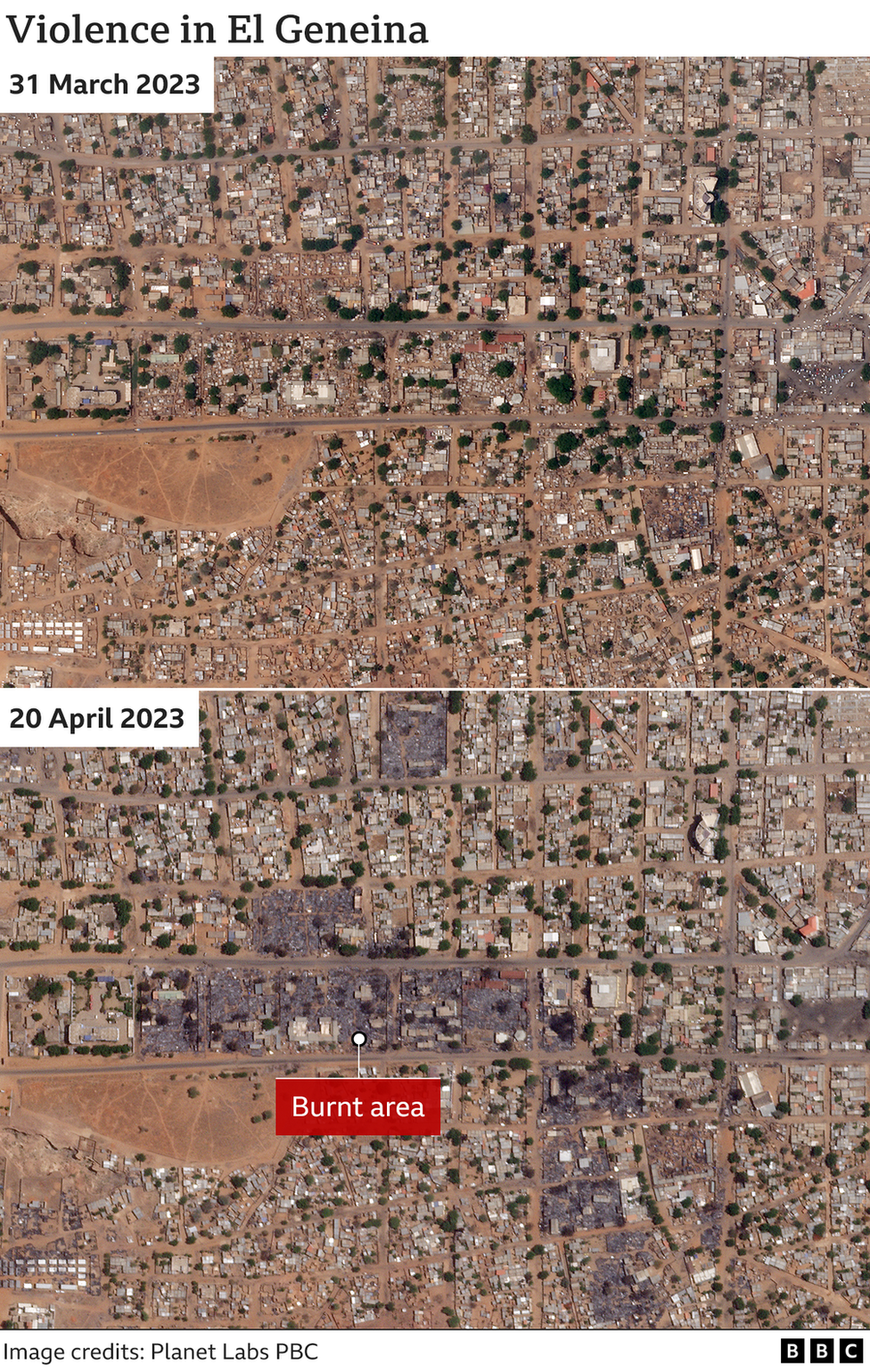 Спутниковые снимки показывают районы, подвергшиеся небольшому насилию в Эль-Генейне в Дарфуре