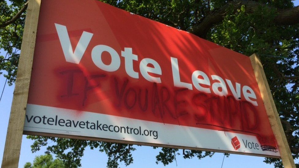 Defaced Vote Leave sign outside Witney