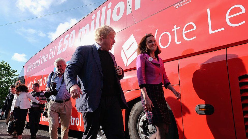 Boris Johnson in front of the Vote Leave bus during the EU referendum campaign