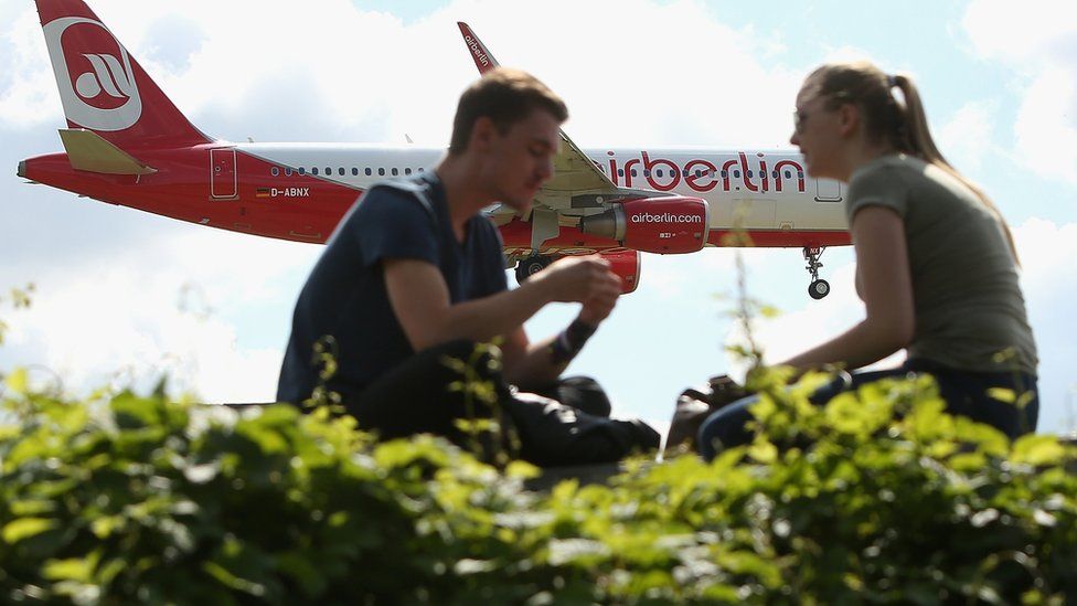 n Air Berlin airplane lands at Tegel Airport (TXL) on August 23, 2017