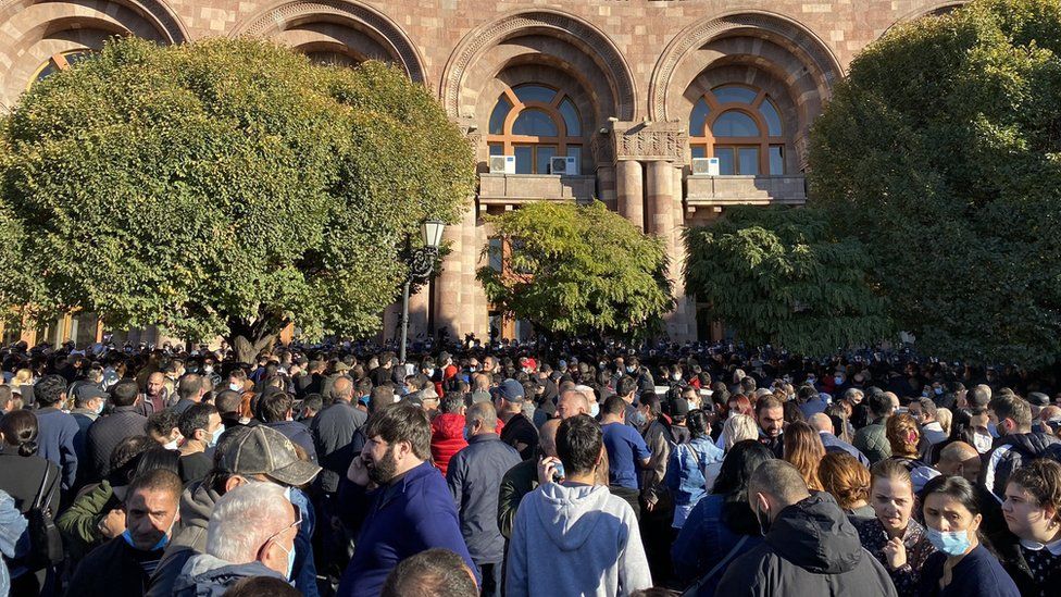 Crowds outside the National Assembly in Yerevan