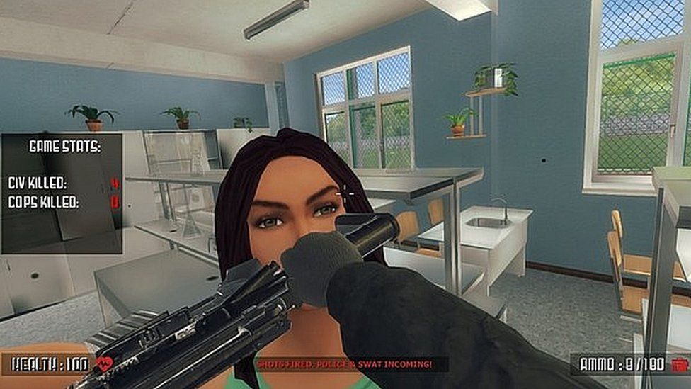 A cartoon woman is hit with a gun in a video game