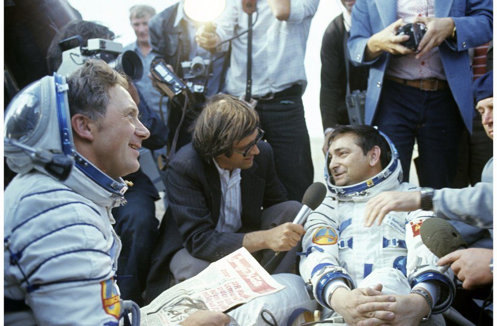 Valery Bykovsky speaks to a reporter after the landing of the Soyuz 31 capsule in 1978