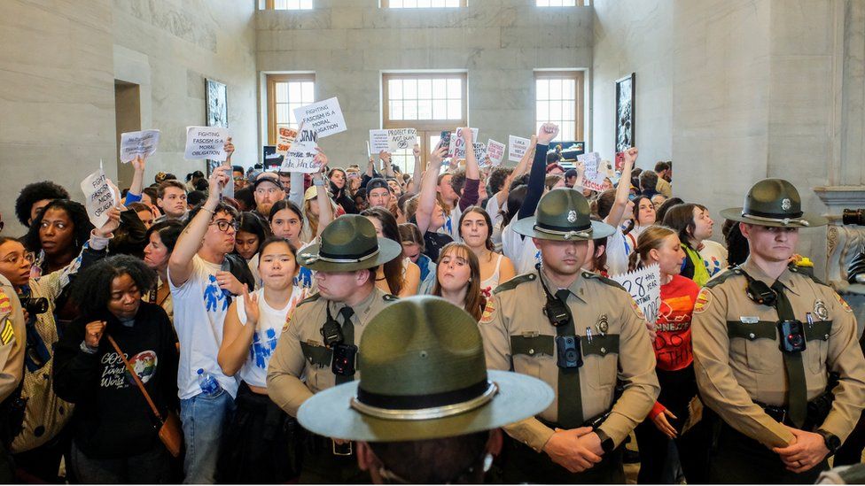 Protesters gather in the Tennessee State Capitol in Nashville, Tennessee
