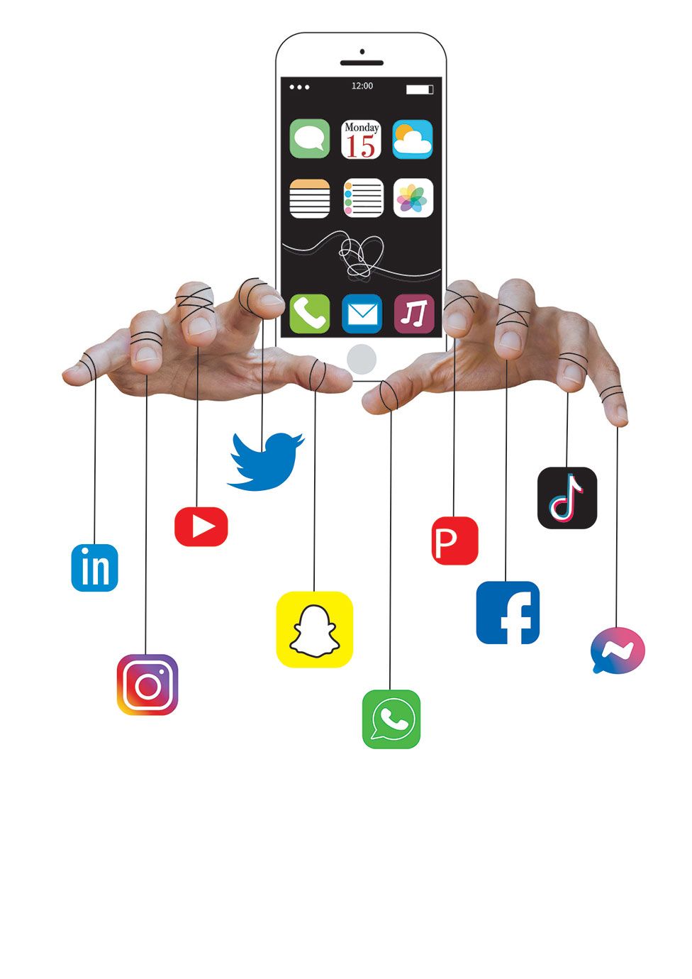A piece of art showing a mobile phone and hands with social media icons dangling from string