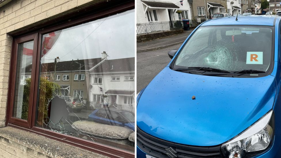 Composite image, smashed window on house and a smashed windscreen on a blue car 