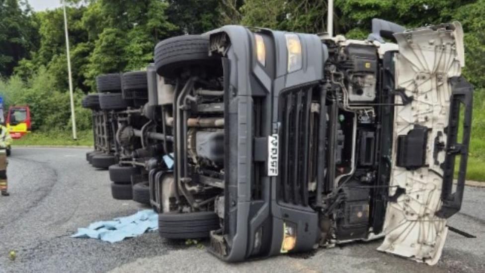 The lorry after it overturned on the A1(M) near Scotch Corner