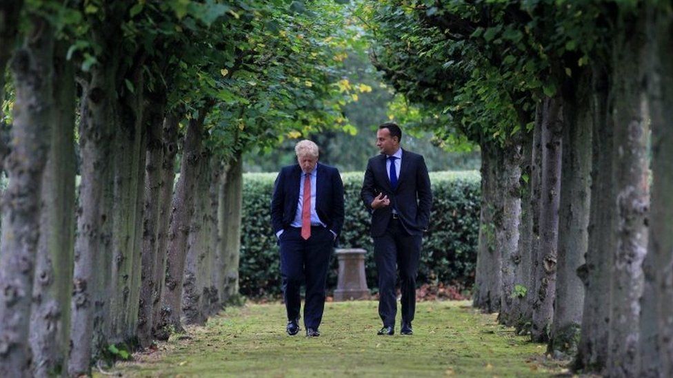 Boris Johnson and Leo Varadkar walking in the grounds of Thornton Manor