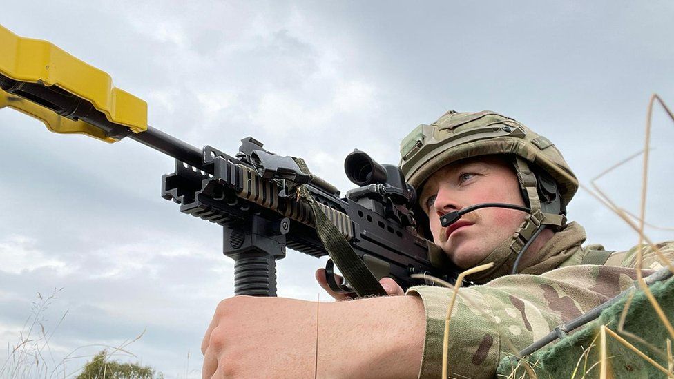 Ryan Young aiming a weapon in his role as a reservist with the Army