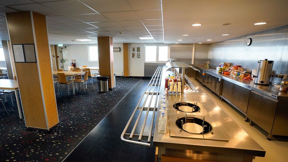 A view of the canteen area onboard the Bibby Stockholm accommodation barge at Portland Port in Dorset