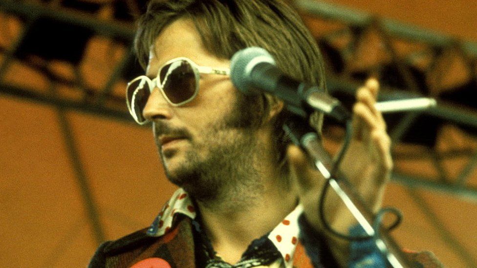 British guitarist Eric Clapton performing on stage in Philadelphia during his US tour in 1974.