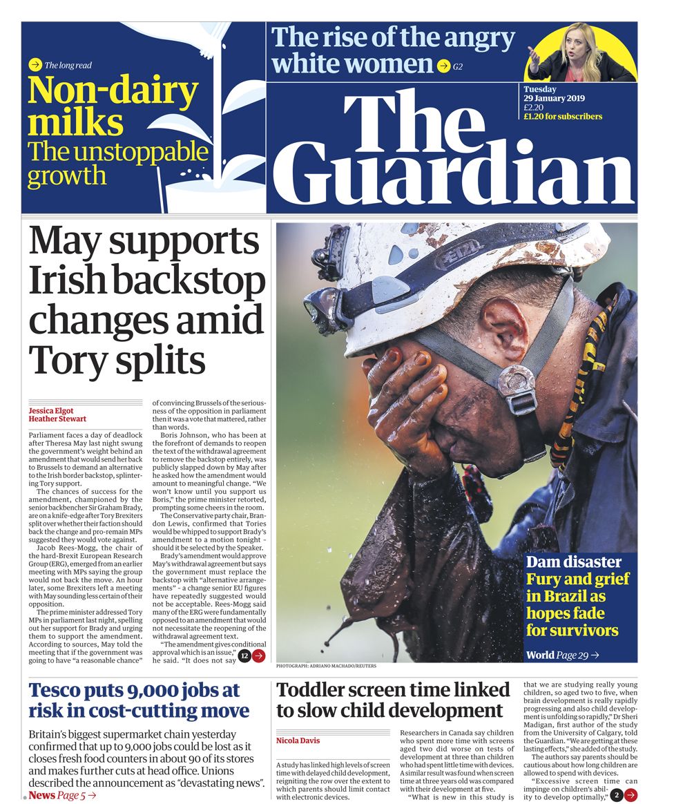 Guardian front page - 29/01/19