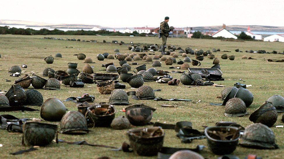 Steel helmets abandoned by Argentine armed forces who surrendered at Goose Green to British Falklands Task Force troops.