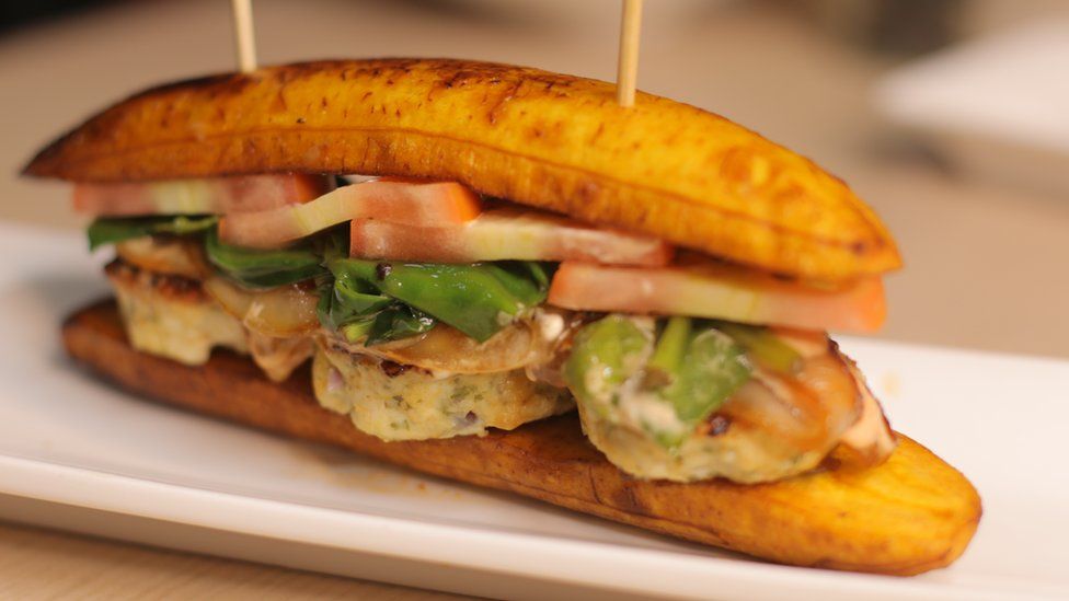 Chicken sandwiched with roasted plantain