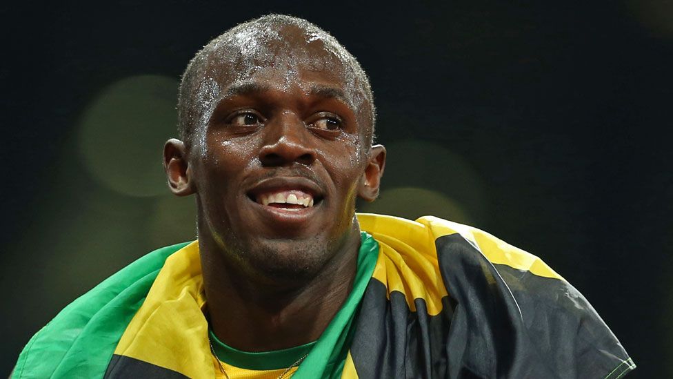 Usain Bolt celebrates after he wins gold during the Men's 200m Final at the London 2012 Olympic Games at Olympic Stadium on in 2012 in London