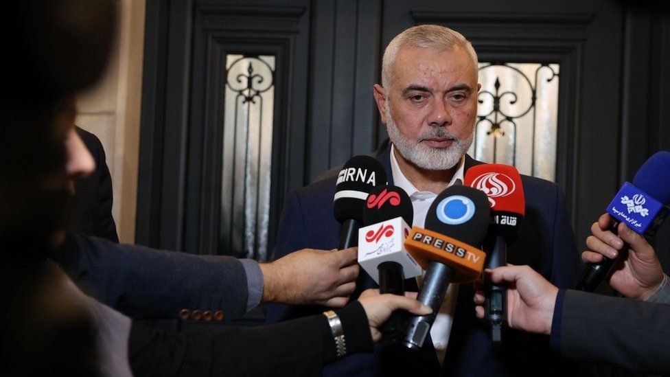 Hamas leader Ismail Haniyeh speaks to Iranian media in Doha, Qatar, following a meeting with Iranian Foreign Minister Hossein Amir-Abdollahian (20 December 2023)