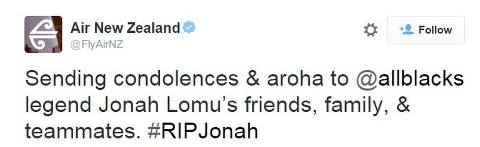 Sending condolences & aroha to @allblacks legend Jonah Lomu's friends, family, & teammates. #RIPJonah